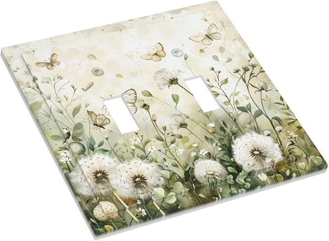 Light Switch Cover Plate Watercolor Butterflies Dandelions Wildflowers 2 Gang Double Toggle Decorative Switch Plates Wall Plates Electrical Faceplate for Bathroom Bedroom Decor