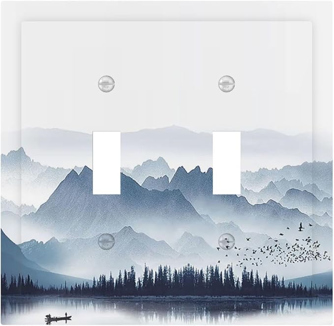 Decorative Switch Plates Mountain Foggy Lake Boat Grey Blue Forest Birds 2 Gang Double Toggle Wall Plate Outlet Light Switch Cover Electrical Faceplate for Bedroom living Room Decor