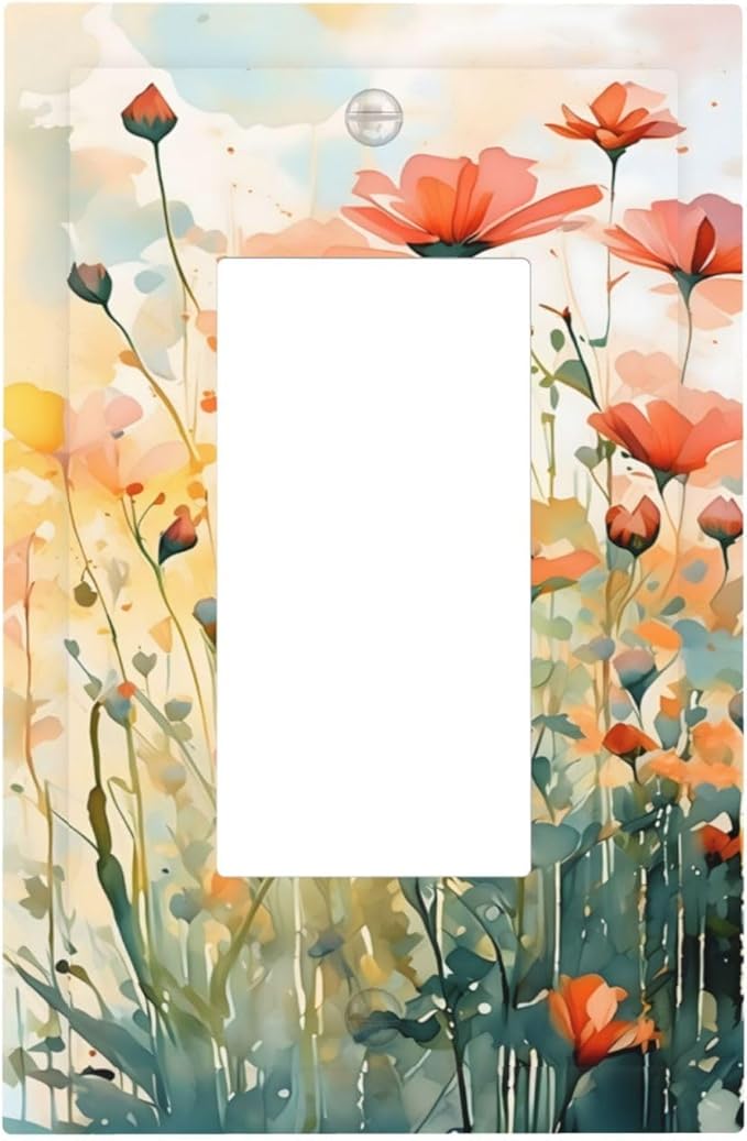 Vintage Red Orange Yellow Poppy Floral Flowers Decorative Outlet Covers 1 Gang Single Rocker Light Switch Cover Plate Wall Plates GFCI Faceplate for Bedroom Living Room Decor