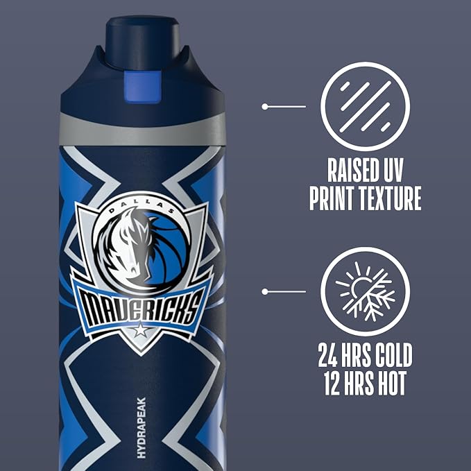 Hydrapeak x NBA Officially Licensed Dallas Mavericks Oasis 20 oz Insulated Kids Water Bottle, Stainless Steel Water Bottle Kids with Chug Lid, Push Button