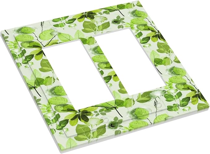 Green Leaves Spring Plant Floral Decorative Outlet Covers 2 Gang Double GFCI Rocker Electrical Wall Panels Light Switch Cover Plate for Bed Room Living Room Decor