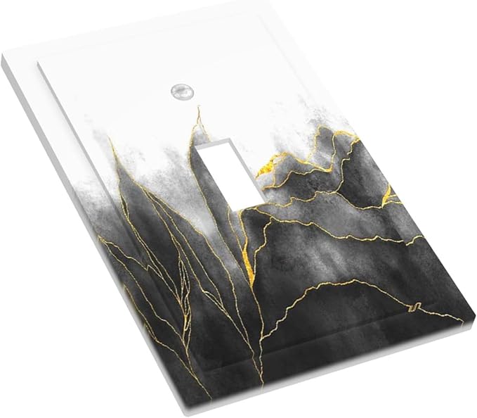 Decorative Light Switch Cover Black And Gold Marble White Golden Leaves 1 Gang Single Toggle Decorator Outlet Wall Plate Device Electrical Faceplate Switchplates for Bedroom living Room