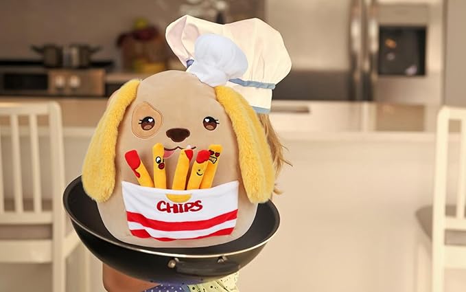 Hopearl Cute Chef Dog Plush Toy with Chips, Adorable Pillow Stuffed Animal, Smooth Plushies Pillow Gift, Soft Toy for Kids