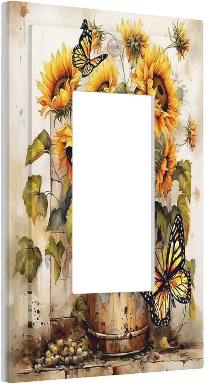 Decorative Outlet Covers Rustic Vintage Sunflower Bouquet Butterfly 1 Gang Single Rocker Light Switch Cover Plate Wall Plates GFCI Faceplate for Farmhouse Cabin Decor