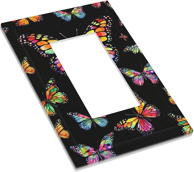 Vibrant Rainbow Butterflies on Black Single Rocker Switch Cover - 1-Gang Standard US Size Enchanted Garden Butterfly Light Switch Covers for Bedroom Decor