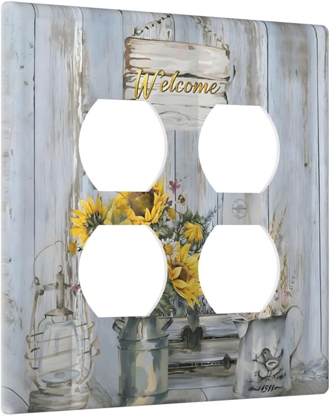 Rustic Sunflower Floral Vintage Wood Board Outlet Covers 2 Gang Double Duplex Decorative Light Switch Covers Electrical Wallplates Socket Faceplate for Farmhouse Home Decor