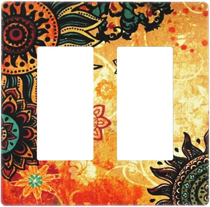 Decorative Boho 2 Gang Double GFCI Decorator Rocker Light Switch Cover Mandala Art, Red/Burnt Orange Vintage Floral Flower Sunflower Hippie Outlet Wall Plate Electrical Faceplate Cover Screwless