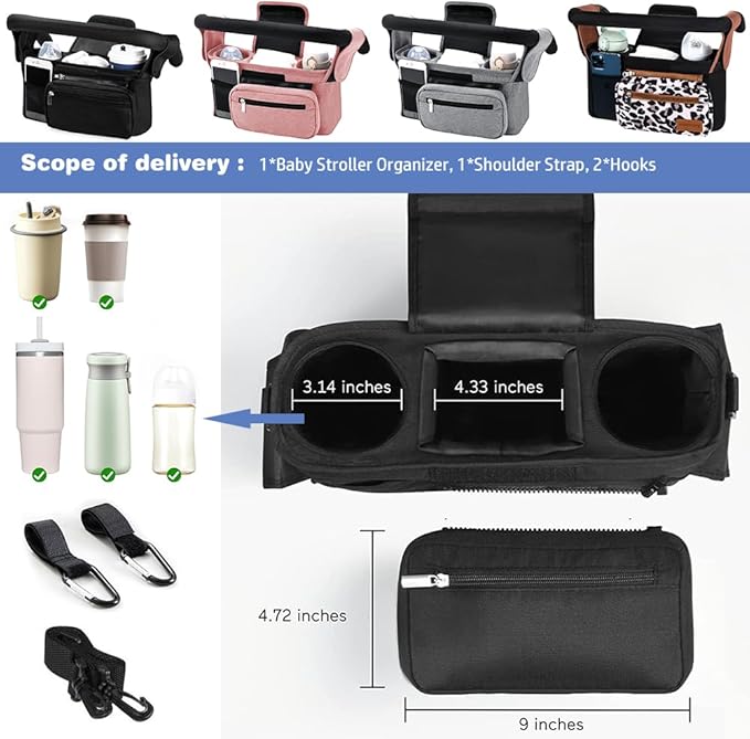 Baby Stroller Organizer, Universal Stroller Organizer with Detachable Phone Bag, Stroller Caddy with 2 Insulated Cup Holders, Buggy Organizer Bag with 2 Hooks Fits Most Strollers (Leopard)