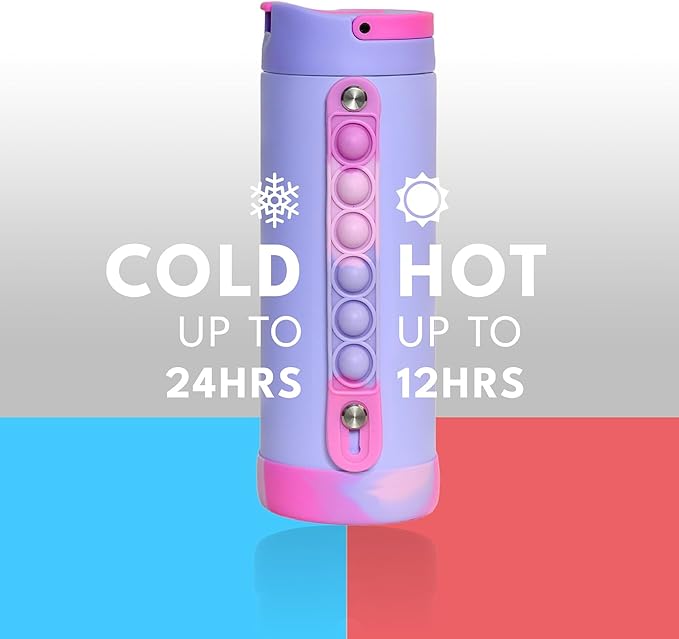Elemental Iconic Kids Water Bottle for School - 100% Leak-Proof Insulated Water Bottles with Straw Lid & Pop-It Handle for Boys & Girls - Triple-Wall Insulated & BPA-Free, 14oz – Lilac Tie Dye