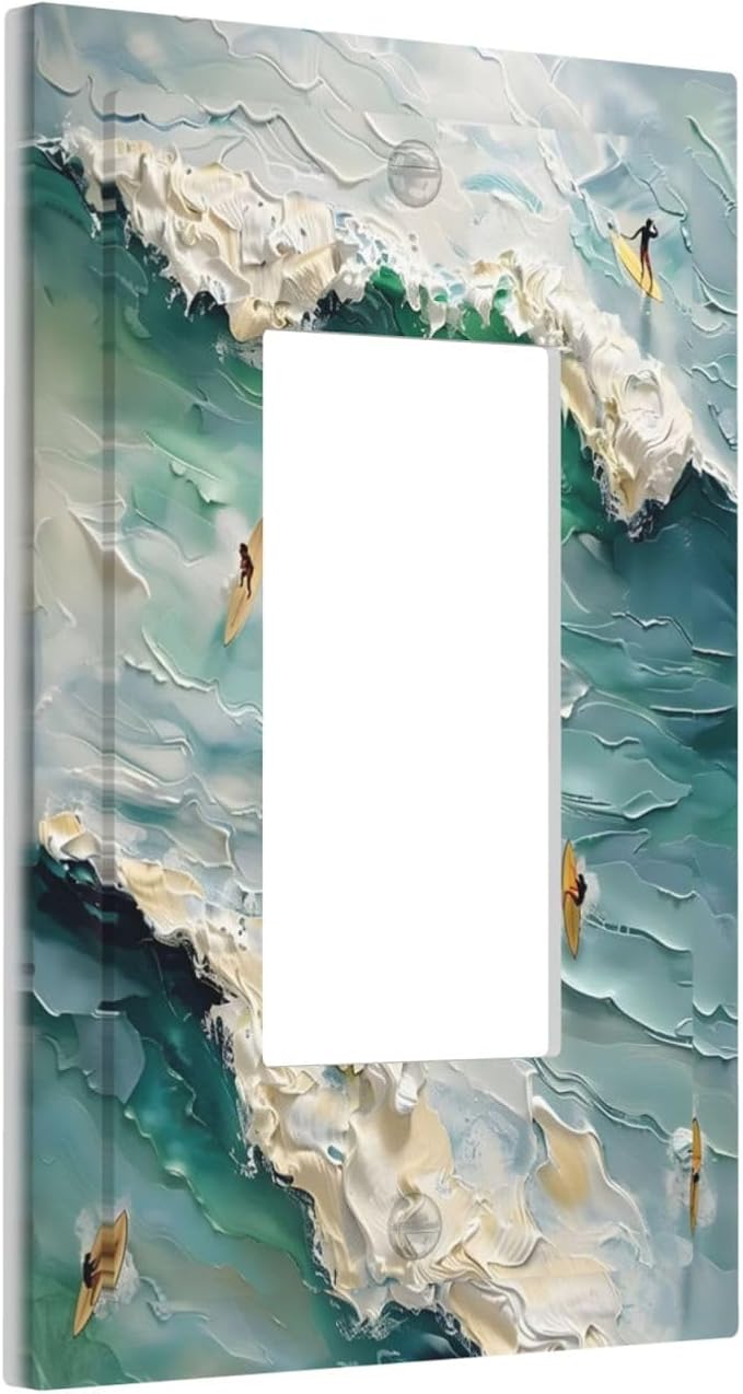 Beach Waves Ocean Surfing Hoverboard Painting Print Decorative Outlet Covers 1 Gang Single Rocker Light Switch Cover Plate Wall Plates GFCI Faceplate for Bedroom Living Room Decor