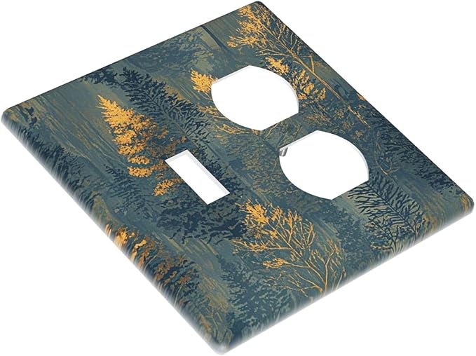 Decorative Switch Cover Plate with Golden Trees & Abstract Gradient Forest Landscape Design Toggle Duplex Wall Plate 2 Gang Light Switch Cover Outlet Covers for Blue Retro Home Decor