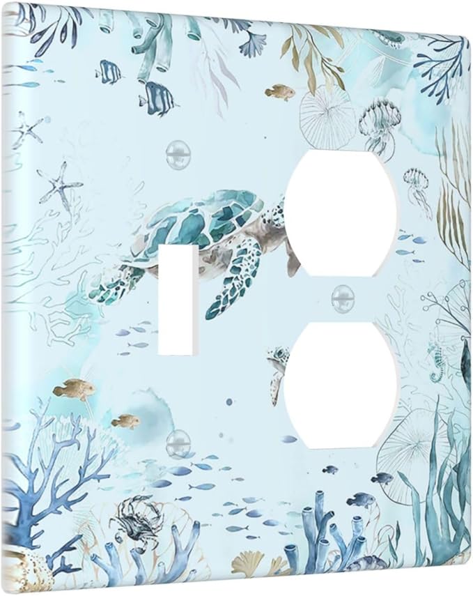 Wallplates Teal Blue Ocean Sea Turtle Seabed Plants 1 Toggle 1 Duplex Switch Plate Electrical GFCI Faceplate Decorative Light Switch Covers for Bathroom Kids room Decor