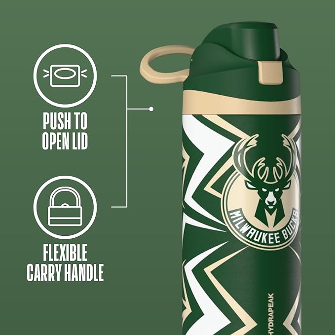 Hydrapeak x NBA Officially Licensed Milwaukee Bucks Oasis 20 oz Insulated Kids Water Bottle, Stainless Steel Water Bottle Kids with Chug Lid, Push Button