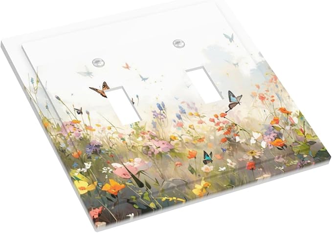 Wildflowers Watercolor Floral Colorful Butterfly Decorative Switch Plates 2 Gang Double Toggle Outlet Light Switch Cover Wall Plate Electrical Faceplate for Farmhouse Bed Room Decor