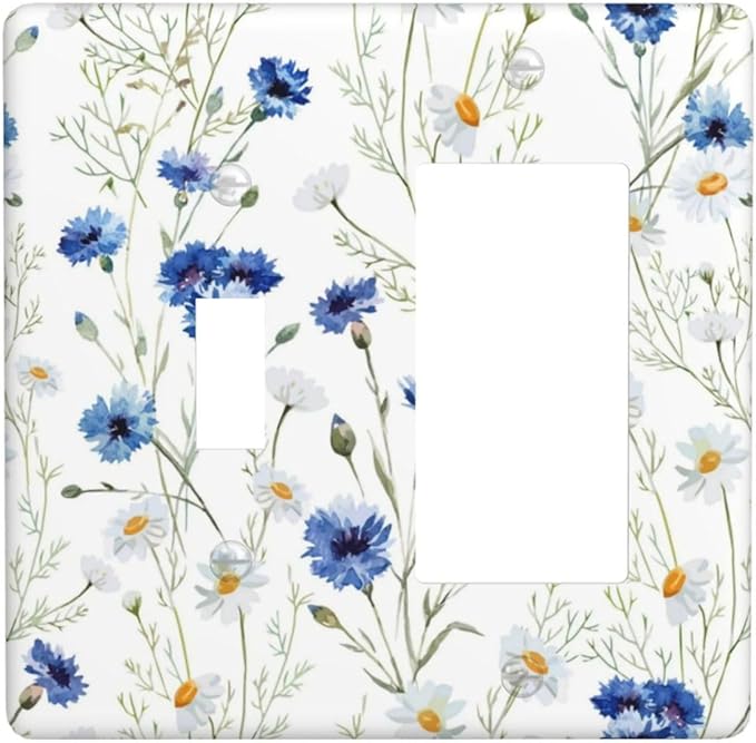 Outlet Covers Watercolor Daisy Blue Floral Vintage Plant 2 Gang Combo Light Switch Cover Plate Toggle Rocker Wallplates Decorative Switch Plates and Outlet Covers for Bedroom Home Decor