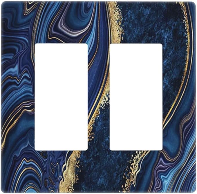 Navy Blue Marble Light Switch Cover 2 Gang Rocker Decorative Double Decor Wall Plate Electrical Switchplate GFCI Faceplate for Boys Men Bathroom Kitchen Home Art Panel Decor Screwless 4.7" x 4.6