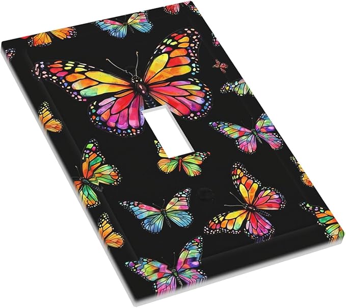 Colorful Butterflies Black 1-Gang Toggle Light Switch Plate, Enchanted Garden Butterfly Decorative Wall Plate for Bedroom Decor