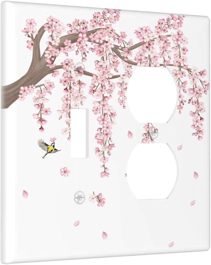 Pink Flower Tree Branch Cherry Blossom Tree Floral Birds Wallplates 1 Toggle 1 Duplex Switch Plate Electrical GFCI Faceplate Decorative Light Switch Covers for Bedroom Living Room Decor