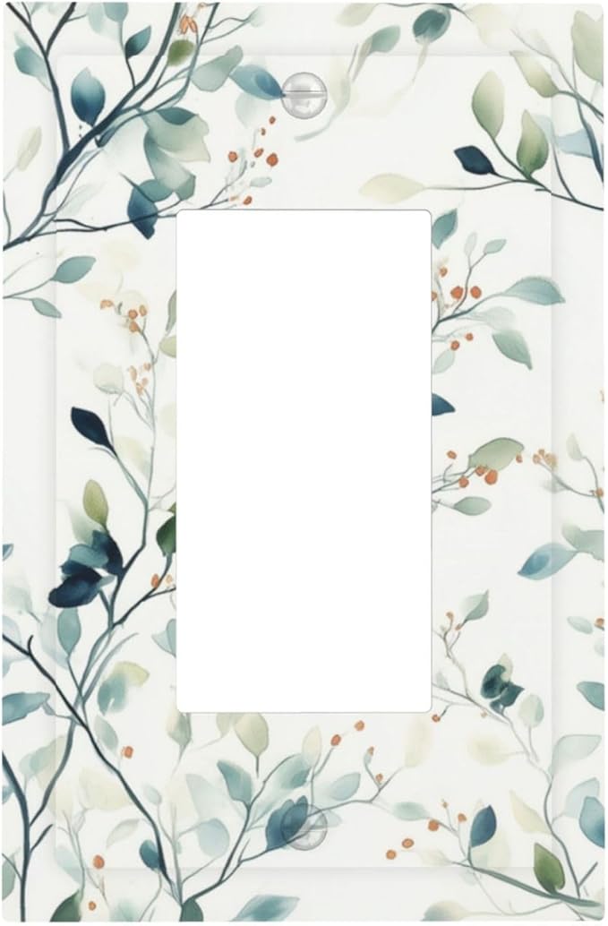 Watercolor Floral Green Leaves Single Light Switch Cover Plate Green Botanical Flowers 1 Gang Rocker Outlet Covers Switchplate Decorative Electrical GFCI Wallplate for Bedroom Kitchen Living Room