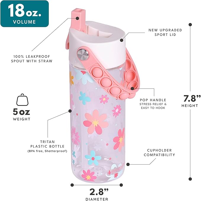 Elemental Water Bottles for Kids - Splash Kids Water Bottle for School with Pop-it Handle - BPA Free Tritan Plastic Water Bottle with Straw Leak Proof when Spout is Closed- Spring Blossom Clear-18oz