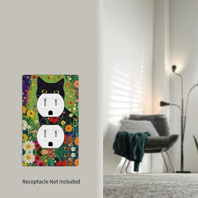 Decorative Art Light Switch Covers Cute Cat & Floral 1 Gang Single Duplex Outlet Wall Plate Switchplate Electrical Faceplate for Home Decor