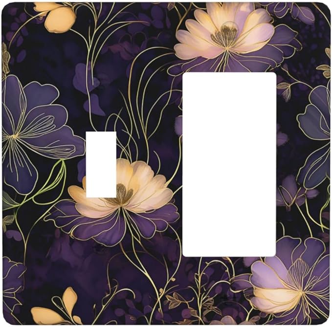 Modern Boho Vintage Gold Purple Dark Floral Modern Abstract Flowers Outlet Covers 1 Toggle 1 Rocker Combination Electrical Switch Plates Light Switch Cover Plate Decorative Wall Plate for Bedroom