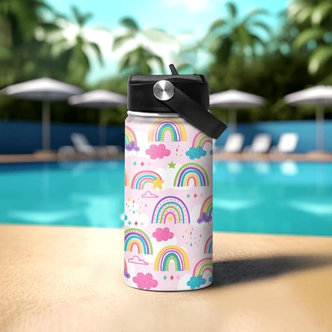 Kids Water Bottle Rainbow Water Bottles 12oz with Straw Insulated Stainless Steel Travel School Tumbler Double Wall Vacuum Cup for Girls Kid