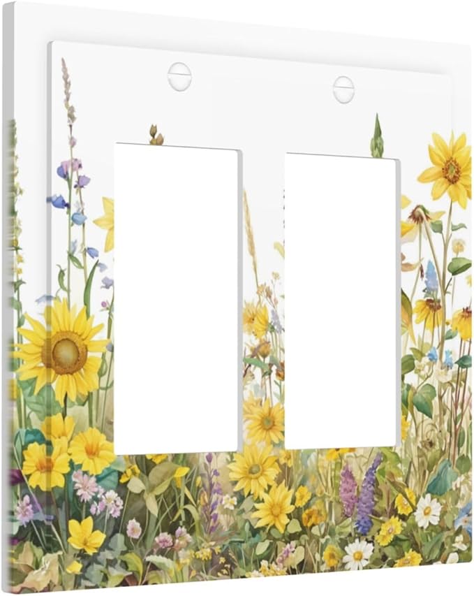 Wildflowers Sunflower Lavender Daisy Floral Decorative Outlet Covers 2 Gang Double GFCI Rocker Electrical Wall Panels Light Switch Cover Plate for Bedroom Living Room Decor