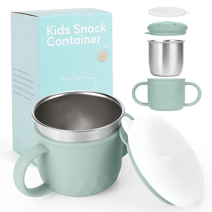 Toddler Snack Containers Stainless Steel Spill-Proof Snack Containers for Toddlers with Spill-Proof Silicone Lids and Handles 4-in-1 Baby Snack Cup is Dishwasher Safe for Easy use On The Go（Green）