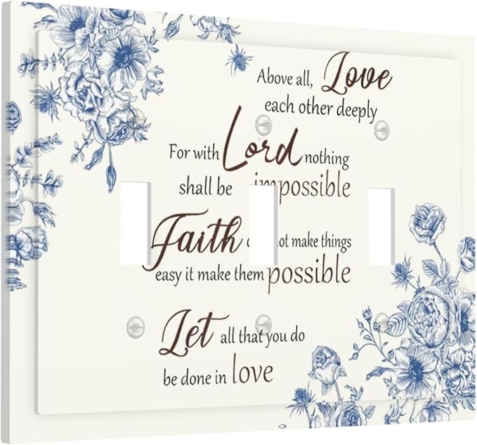 Decorative Light Switch Cover Plate Inspirational Quotes Blue Flower Floral 3 Gang Wall Plates for Electrical Outlets Triple Toggle Switch Plate Covers Outlet Covers Faceplate for Home Decor