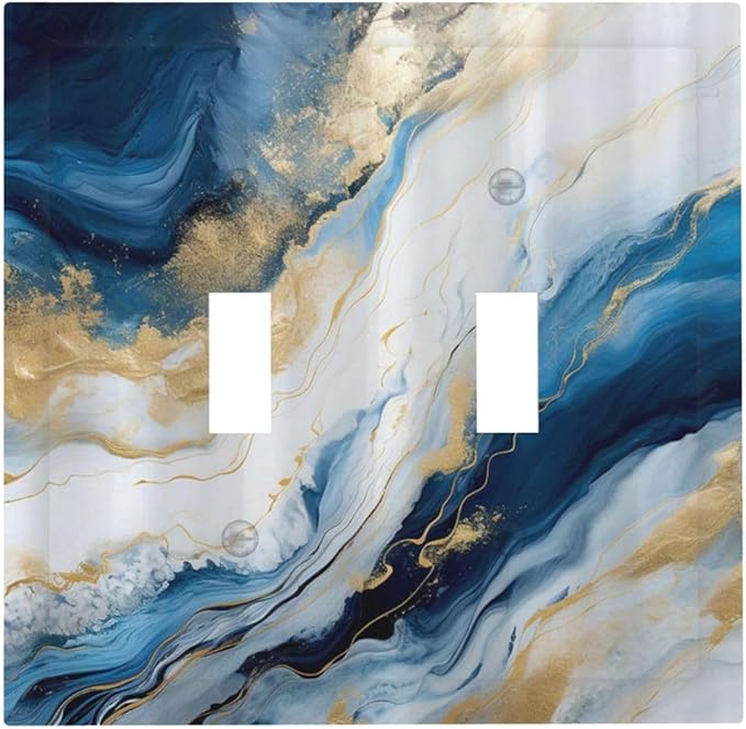 Abstract Blue Granite Luxury Watercolor Marble Texture Print Double Toggle Light Switch Covers Decorative Unique 2 Gang Wall Plate Dual Electrical Faceplate Switchplate for Kitchen Bathroom Decor