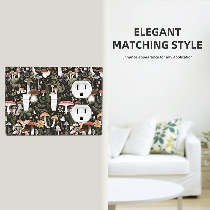 Black Boho Moth Botanic Mushroom 3-Gang 2-Toggle 1-Duplex Receptacle Combination Light Switch Decorative Triple Combo Device Switches/Rocker Outlet Covers and Wall Plate
