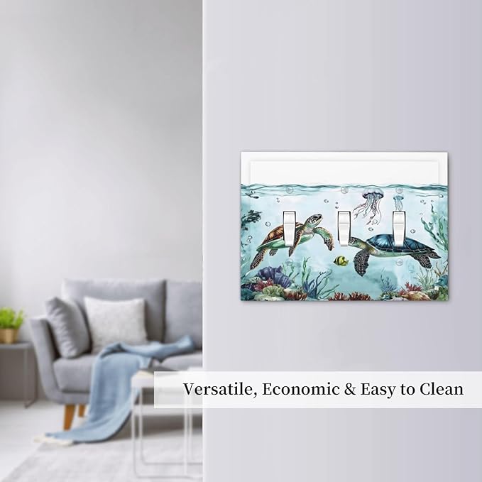 Sea Turtles Sea Coral Seaweed Ocean Jellyfish Decorative Switch Plates 3 Gang Wall Plate Triple Toggle Light Switch Cover Faceplate Electrical Wall Panels for Kids Room Bathroom Decor