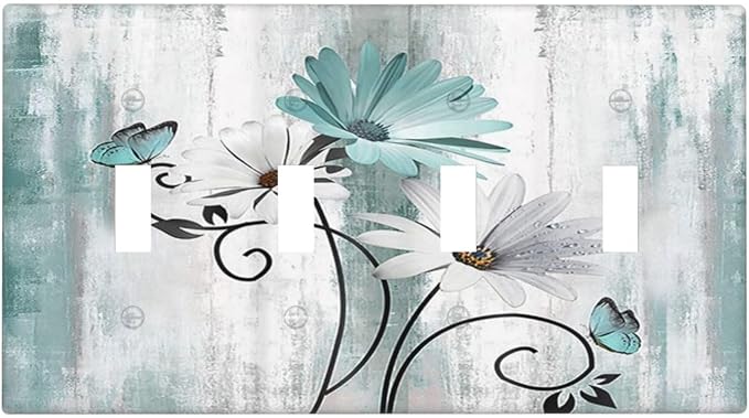 Teal Daisy Vintage Flower Butterfly Rustic Wood Print Light Switch Covers Quad Toggle Electrical Faceplate 4 Gang Wall Plate Decorative Switch Plates for Farmhouse Home Decor