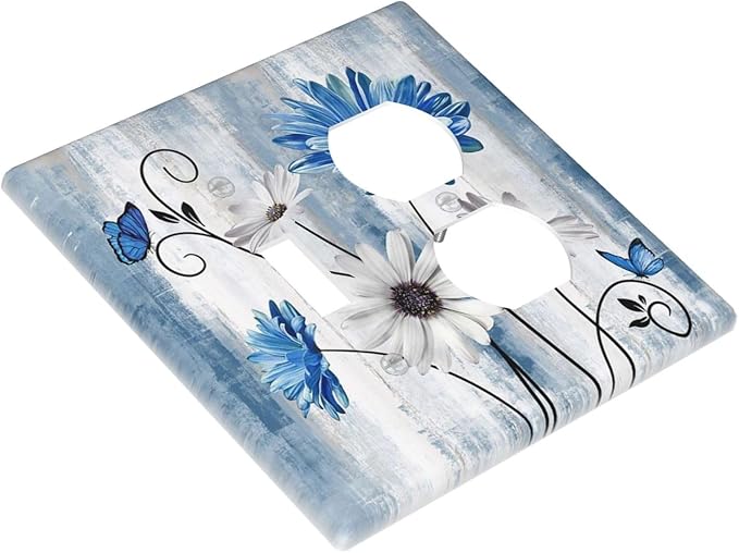 Light Switch Cover Rustic Teal Blue Daisy Floral Farmhouse 2 Gang Outlet Cover 1 Toggle Duplex Decorative Switch Plates Wall Plate Electrical Receptacle Faceplate for Bathroom Bedroom