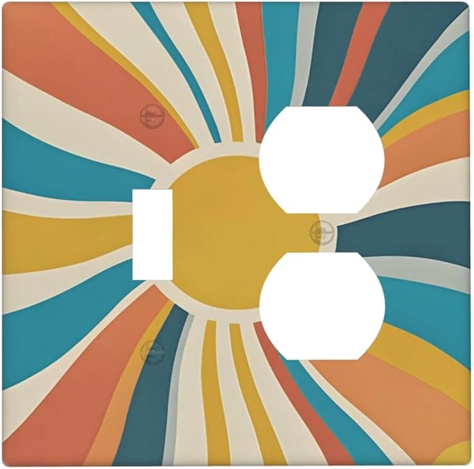 Decorative Switch Cover Plate with Retro Mid-Century Modern Sunburst Motif Design Toggle Duplex Wall Plate 2 Gang Light Switch Cover Outlet Covers for Abstract Teal/Yellow/Orange Wall Decor