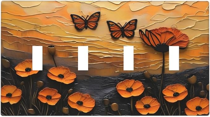Oil Painting Flower Sunset Butterfly Vintage Rustic Floral Light Switch Covers Quad Toggle Electrical Faceplate 4 Gang Wall Plate Decorative Switch Plates Cover for Bedroom Living Room Decor