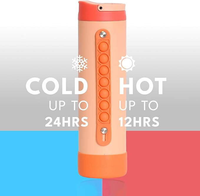 Elemental Iconic Kids Water Bottle for School - 100% Leak-Proof Insulated Water Bottles with Straw Lid & Pop-It Handle for Boys & Girls - Triple-Wall Insulated & BPA-Free, 20oz – Peach Sunrise