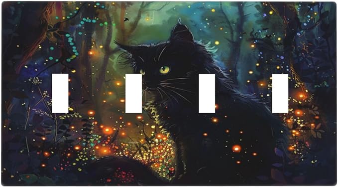 Light Switch Cover Plate Magic Fantasy Forest Mysterious Black Cat 4 Gang Quad Toggle Decorative Switch Plates Electrical Wall Plates Faceplate for Kid Room Bathroom Decor