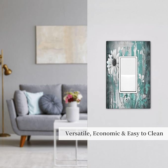 Decorative Outlet Covers Teal Daisy Floral Vintage Wood Plank 1 Gang Single Rocker Light Switch Cover Plate Wall Plates Gfci Faceplate For Farmhouse Cabin Decor