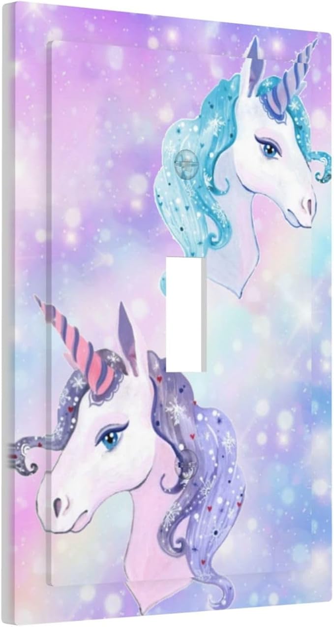 Colorful Purple/Blue Rainbow Unicorn Decorative Light Switch Cover 1-Gang Cute Kid Girl Girly Fantasy Kawaii Stars Single Toggle Wall Plate Electrical Device Outlet Switch Faceplate Cover Jumbo Size