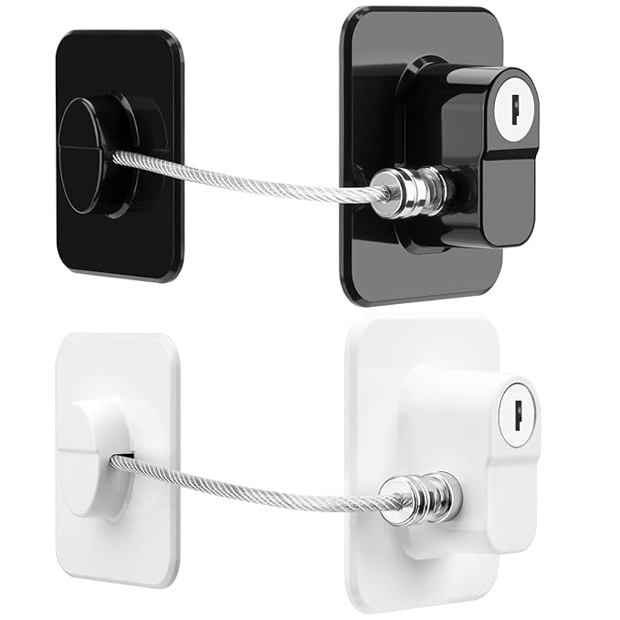 Fridge Lock, 2PCS Upgraded Refrigerator Lock for Freezer, Cabinets and Drawers, Air Fryer, Closets, Windows, Doors, Durable ABS with Adhesive Backing, Easy Install, No Tools Needed, Black & White