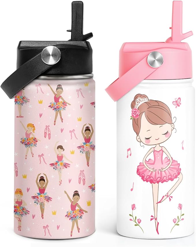 Ballet Kid 12oz Water Bottle with Straw Lid - 2-Pack Insulated Stainless Steel Water Bottles for Kids Girls - Travel Cup for School Sports