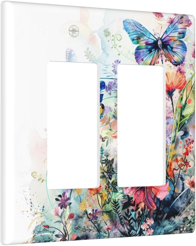 Light Switch Cover Watercolor Colorful Floral Butterflies Wildflowers 2 Gang Double Rocker Outlet Covers Decorative Switch plates Electrical Wall Plates GFCI Receptacle for Bathroom Bedroom