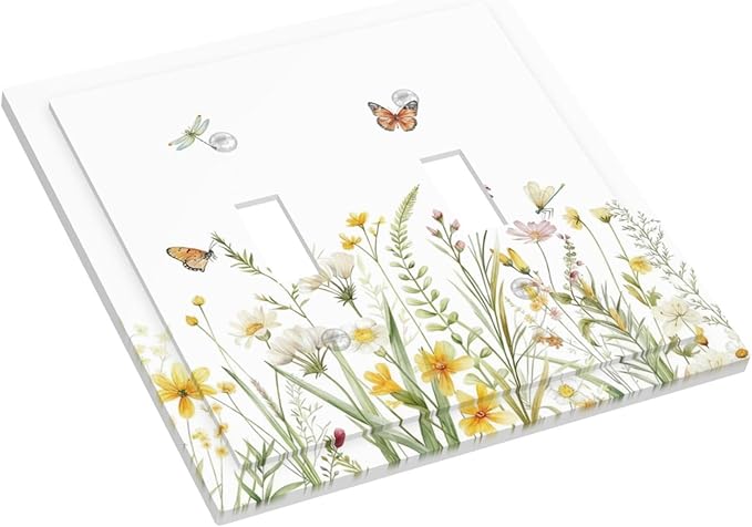 Colorful Wildflowers Dragonfly Butterfly Floral Decorative Switch Plates 2 Gang Double Toggle Outlet Light Switch Cover Wall Plate Electrical Faceplate for Bedroom Living Room Decor