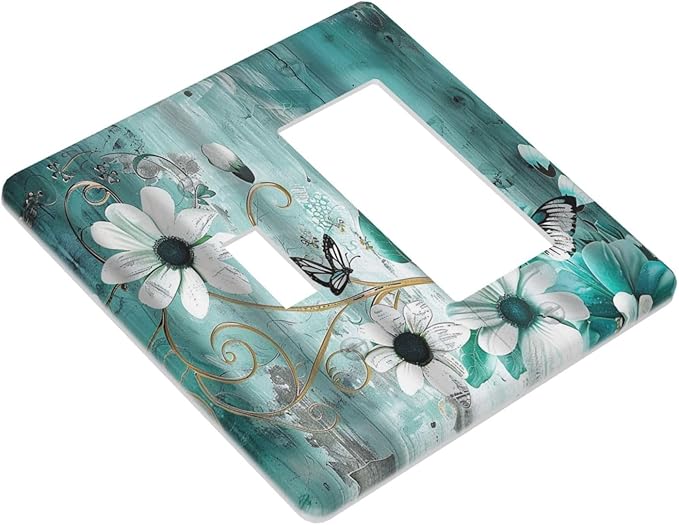Decorative Outlet Covers Turquoise Flowers and Butterflies Rustic Teal White Floral 2 Gang 1 Gang Wall Plate Single Toggle Rocker Device Combination Light Switch Cover Plate Switch Plate Cover