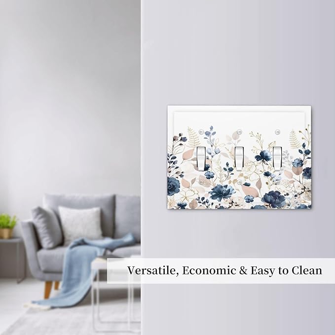 Blue Flora Boho Vintage Flower Golden Leaves Decorative Switch Plates 3 Gang Wall Plate Triple Toggle Light Switch Cover Faceplate Electrical Wall Panels for Bedroom Living Room Decor