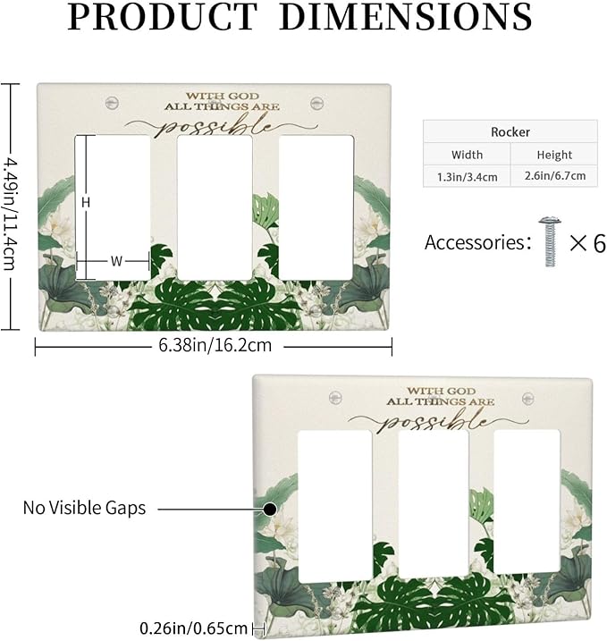 Decorative Outlet Covers Boho Green Monstera Leaf Inspirational Quotes 3 Gang Light Switch Cover Plate Triple Rocker Wall Plates for Electrical Outlets Switch Plate Covers for Home Decor