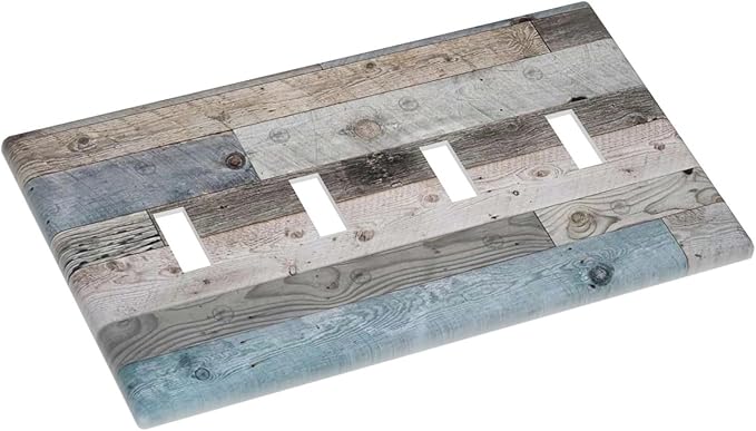 Western Country Kitchen Vintage Old Style 4 Gang Quad Toggle Decorator Outlet Light Switch Cover Barn Door Cabin Teal Blue Wood Plank Wall Plate Electric Faceplate Decorative Switchplate Socket Cover