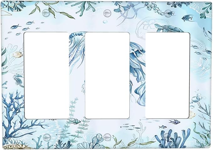 Light Switch Covers Jellyfish Teal Blue Ocean Turtle Coastal Beach 3 Gang Rocker Electrical GFCI Decorative Triple Outlet Wall Plate Cover Switchplate for Bedroom Bathroom Decor